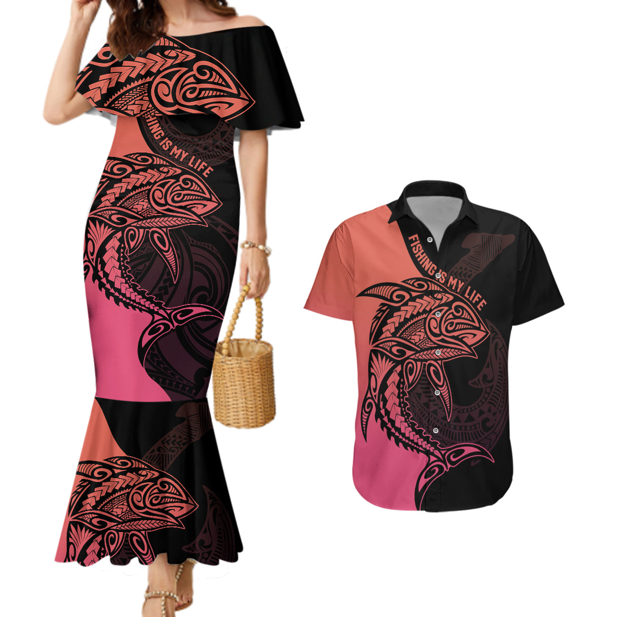 Personalised Polynesia Fishing Couples Matching Mermaid Dress and Hawaiian Shirt With Maori Hei Matau Fish Hook Pink Art LT9 - Wonder Print Shop