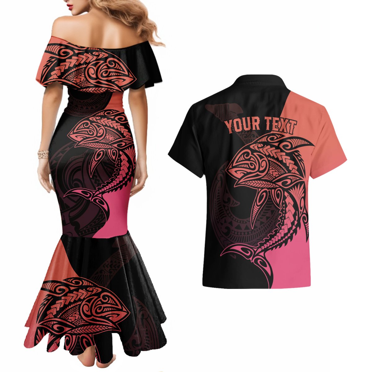 Personalised Polynesia Fishing Couples Matching Mermaid Dress and Hawaiian Shirt With Maori Hei Matau Fish Hook Pink Art LT9 - Wonder Print Shop