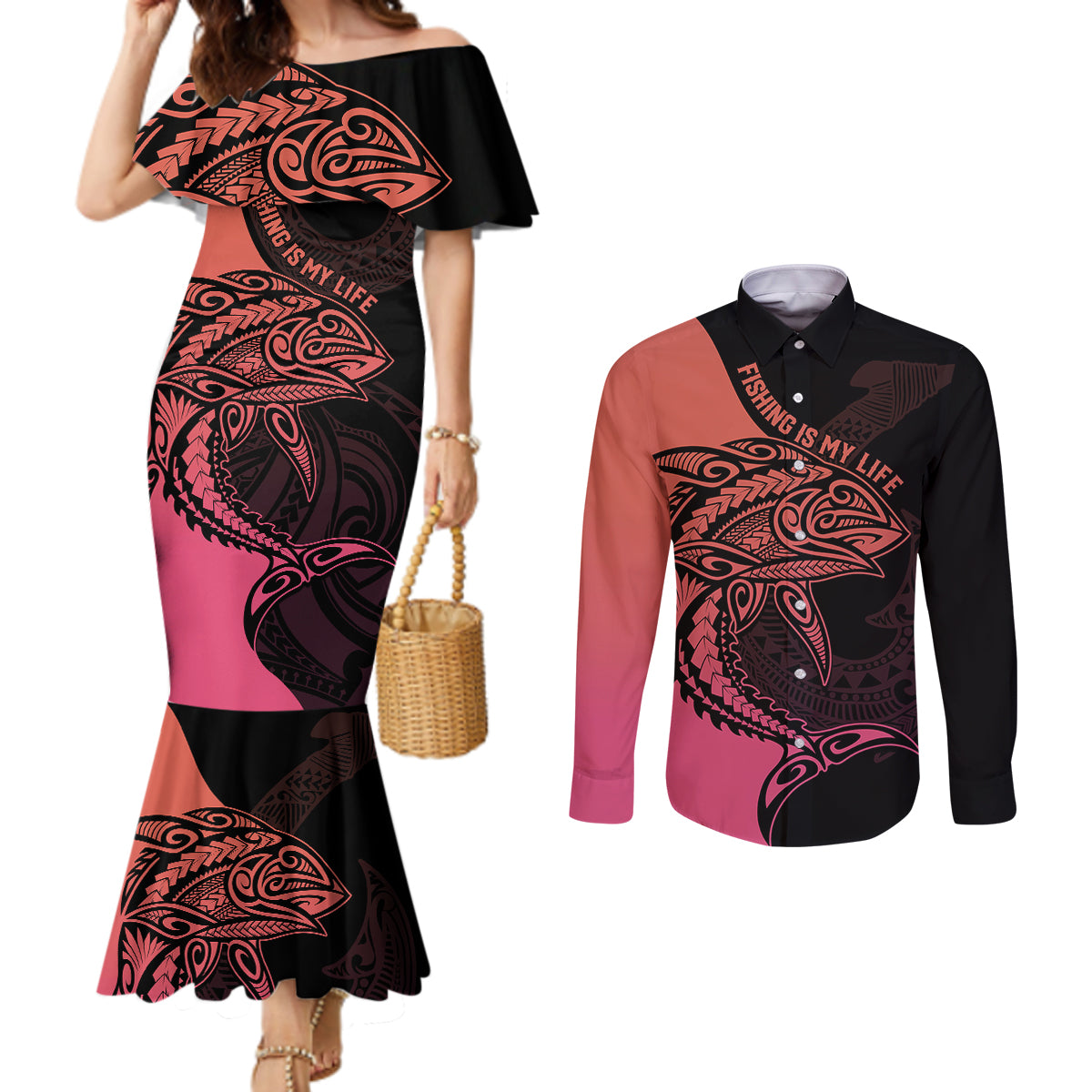 personalised-polynesia-fishing-couples-matching-mermaid-dress-and-long-sleeve-button-shirts-with-maori-hei-matau-fish-hook-pink-art