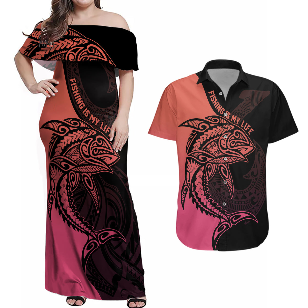 Personalised Polynesia Fishing Couples Matching Off Shoulder Maxi Dress and Hawaiian Shirt With Maori Hei Matau Fish Hook Pink Art LT9 - Wonder Print Shop