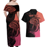Personalised Polynesia Fishing Couples Matching Off Shoulder Maxi Dress and Hawaiian Shirt With Maori Hei Matau Fish Hook Pink Art LT9 - Wonder Print Shop
