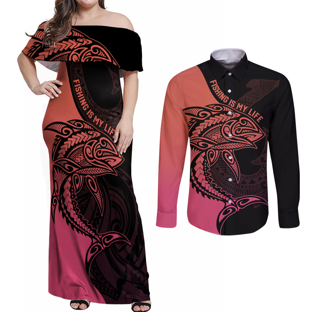 Personalised Polynesia Fishing Couples Matching Off Shoulder Maxi Dress and Long Sleeve Button Shirts With Maori Hei Matau Fish Hook Pink Art LT9 - Wonder Print Shop