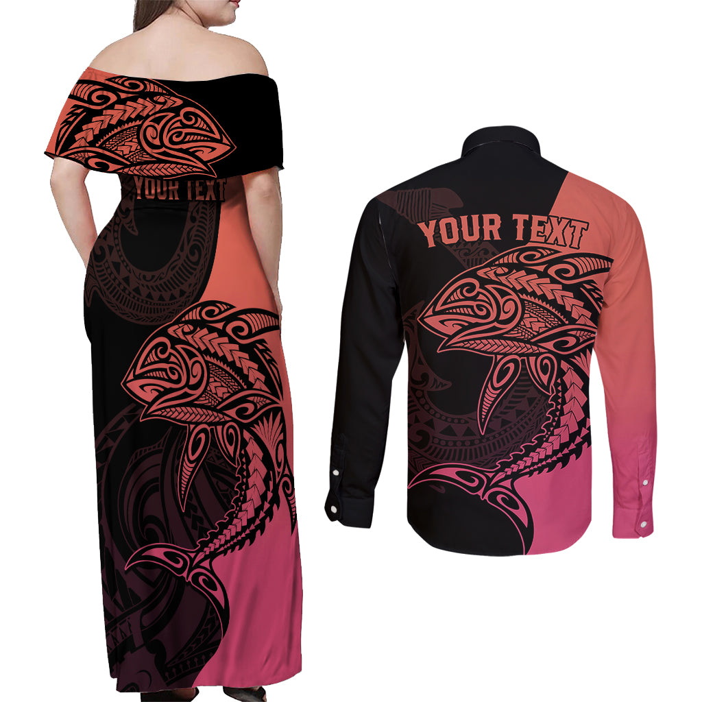 Personalised Polynesia Fishing Couples Matching Off Shoulder Maxi Dress and Long Sleeve Button Shirts With Maori Hei Matau Fish Hook Pink Art LT9 - Wonder Print Shop