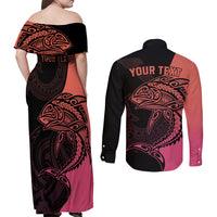 Personalised Polynesia Fishing Couples Matching Off Shoulder Maxi Dress and Long Sleeve Button Shirts With Maori Hei Matau Fish Hook Pink Art LT9 - Wonder Print Shop