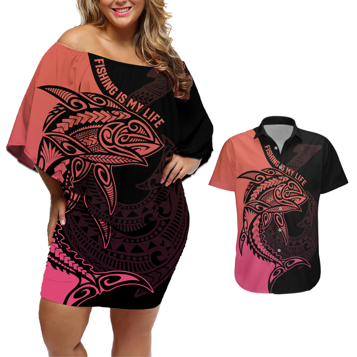 Personalised Polynesia Fishing Couples Matching Off Shoulder Short Dress and Hawaiian Shirt With Maori Hei Matau Fish Hook Pink Art LT9 - Wonder Print Shop