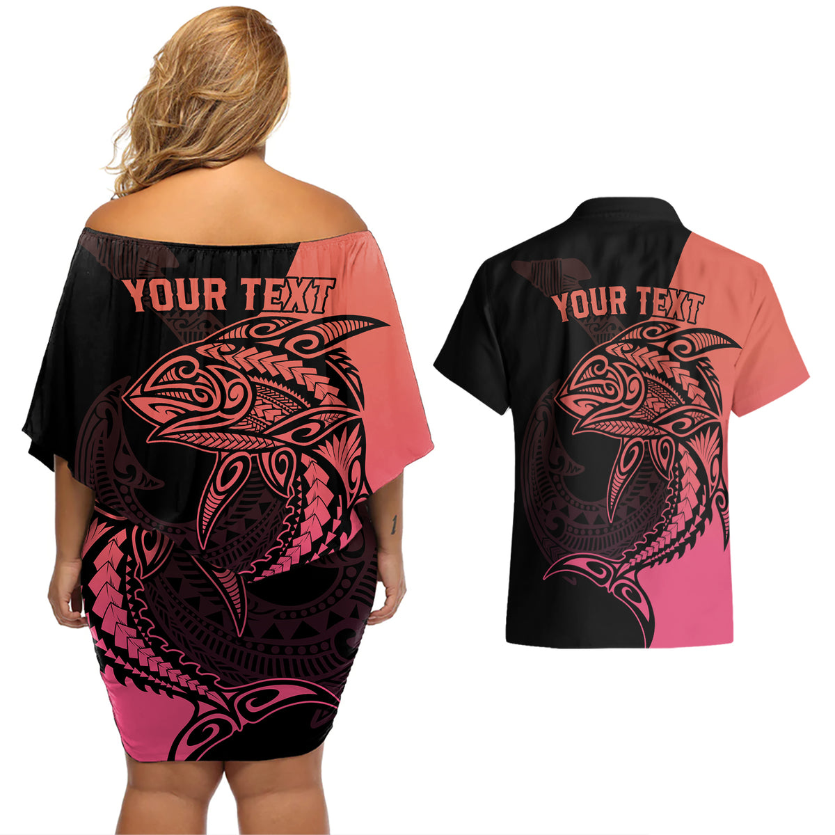 Personalised Polynesia Fishing Couples Matching Off Shoulder Short Dress and Hawaiian Shirt With Maori Hei Matau Fish Hook Pink Art LT9 - Wonder Print Shop