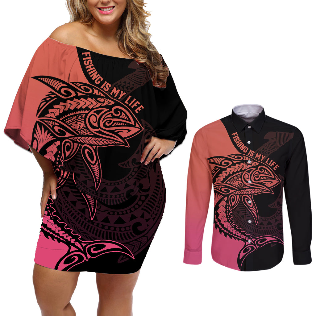 Personalised Polynesia Fishing Couples Matching Off Shoulder Short Dress and Long Sleeve Button Shirts With Maori Hei Matau Fish Hook Pink Art LT9 - Wonder Print Shop