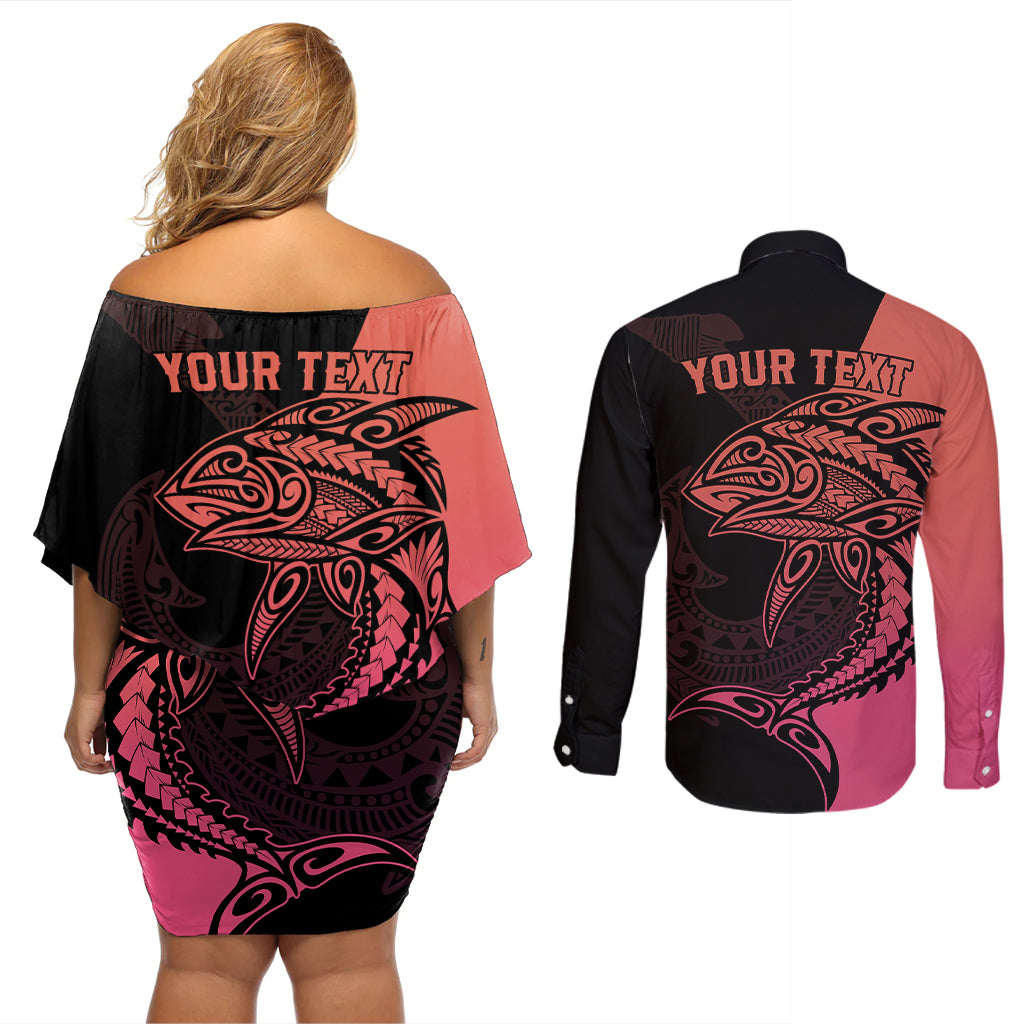 Personalised Polynesia Fishing Couples Matching Off Shoulder Short Dress and Long Sleeve Button Shirts With Maori Hei Matau Fish Hook Pink Art LT9 - Wonder Print Shop