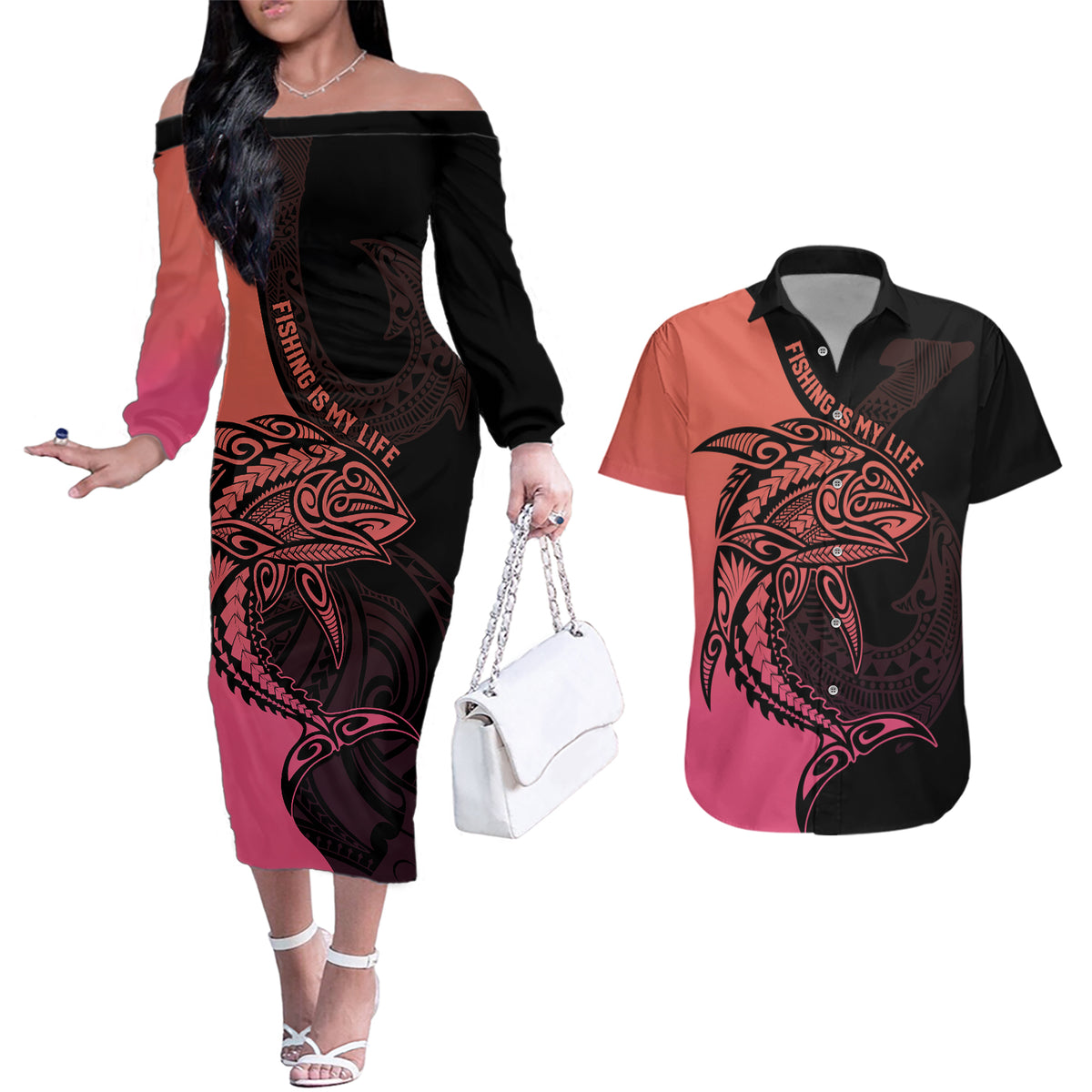 Personalised Polynesia Fishing Couples Matching Off The Shoulder Long Sleeve Dress and Hawaiian Shirt With Maori Hei Matau Fish Hook Pink Art LT9 - Wonder Print Shop