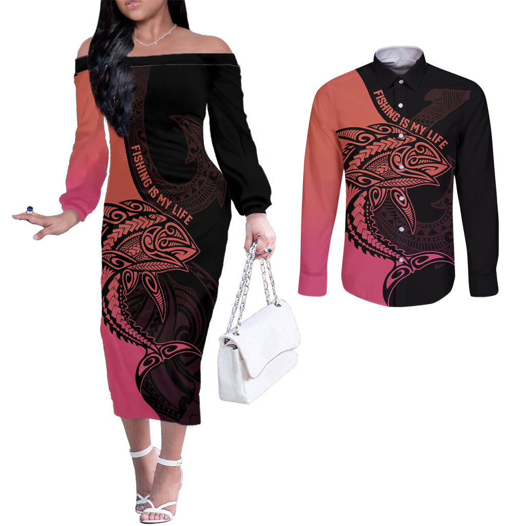 personalised-polynesia-fishing-couples-matching-off-the-shoulder-long-sleeve-dress-and-long-sleeve-button-shirts-with-maori-hei-matau-fish-hook-pink-art