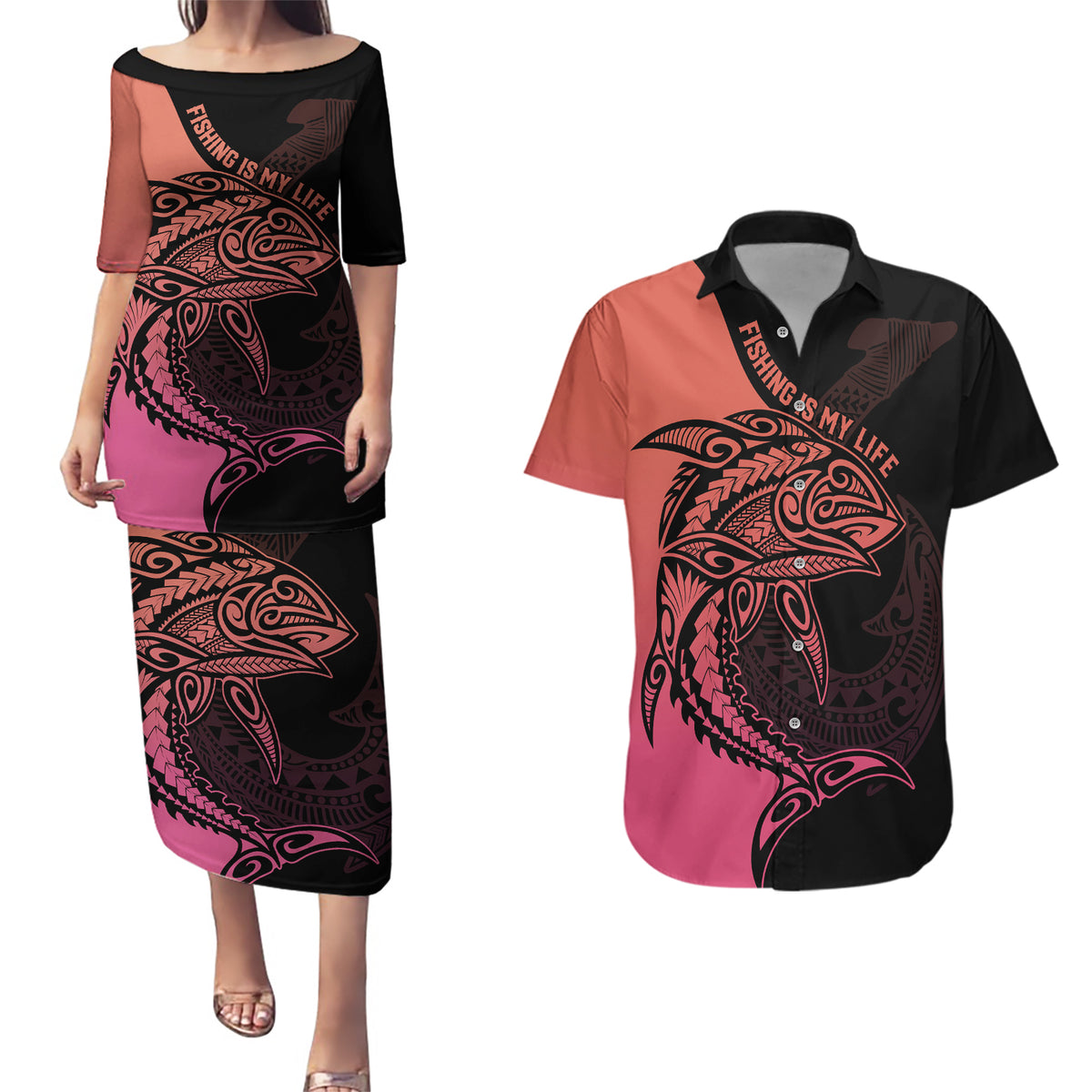 Personalised Polynesia Fishing Couples Matching Puletasi Dress and Hawaiian Shirt With Maori Hei Matau Fish Hook Pink Art LT9 - Wonder Print Shop