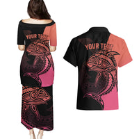Personalised Polynesia Fishing Couples Matching Puletasi Dress and Hawaiian Shirt With Maori Hei Matau Fish Hook Pink Art LT9 - Wonder Print Shop