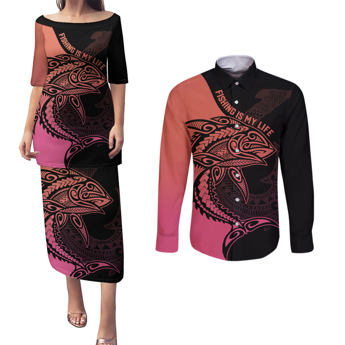 Personalised Polynesia Fishing Couples Matching Puletasi Dress and Long Sleeve Button Shirts With Maori Hei Matau Fish Hook Pink Art LT9 - Wonder Print Shop