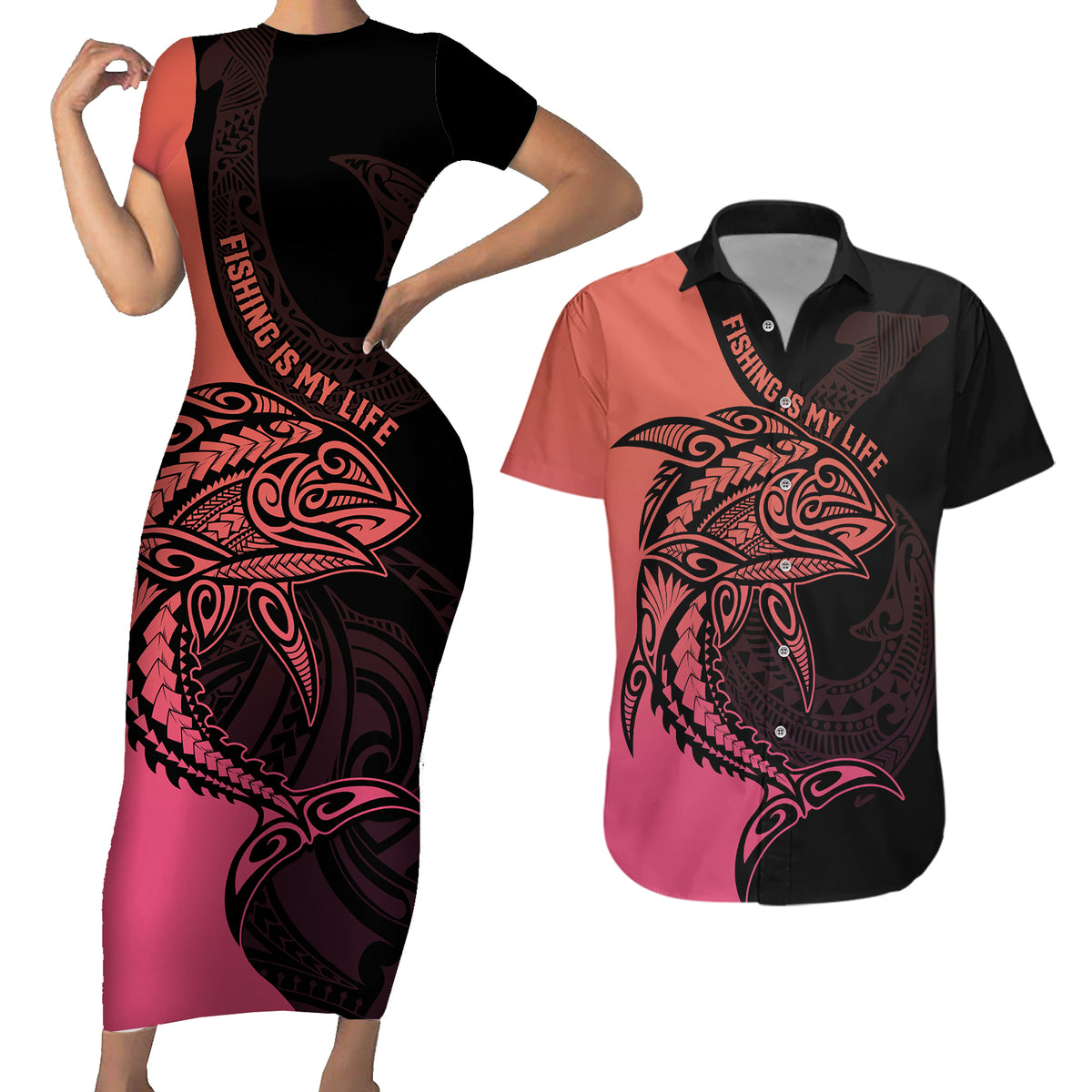 Personalised Polynesia Fishing Couples Matching Short Sleeve Bodycon Dress and Hawaiian Shirt With Maori Hei Matau Fish Hook Pink Art LT9 - Wonder Print Shop