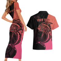 Personalised Polynesia Fishing Couples Matching Short Sleeve Bodycon Dress and Hawaiian Shirt With Maori Hei Matau Fish Hook Pink Art LT9 - Wonder Print Shop