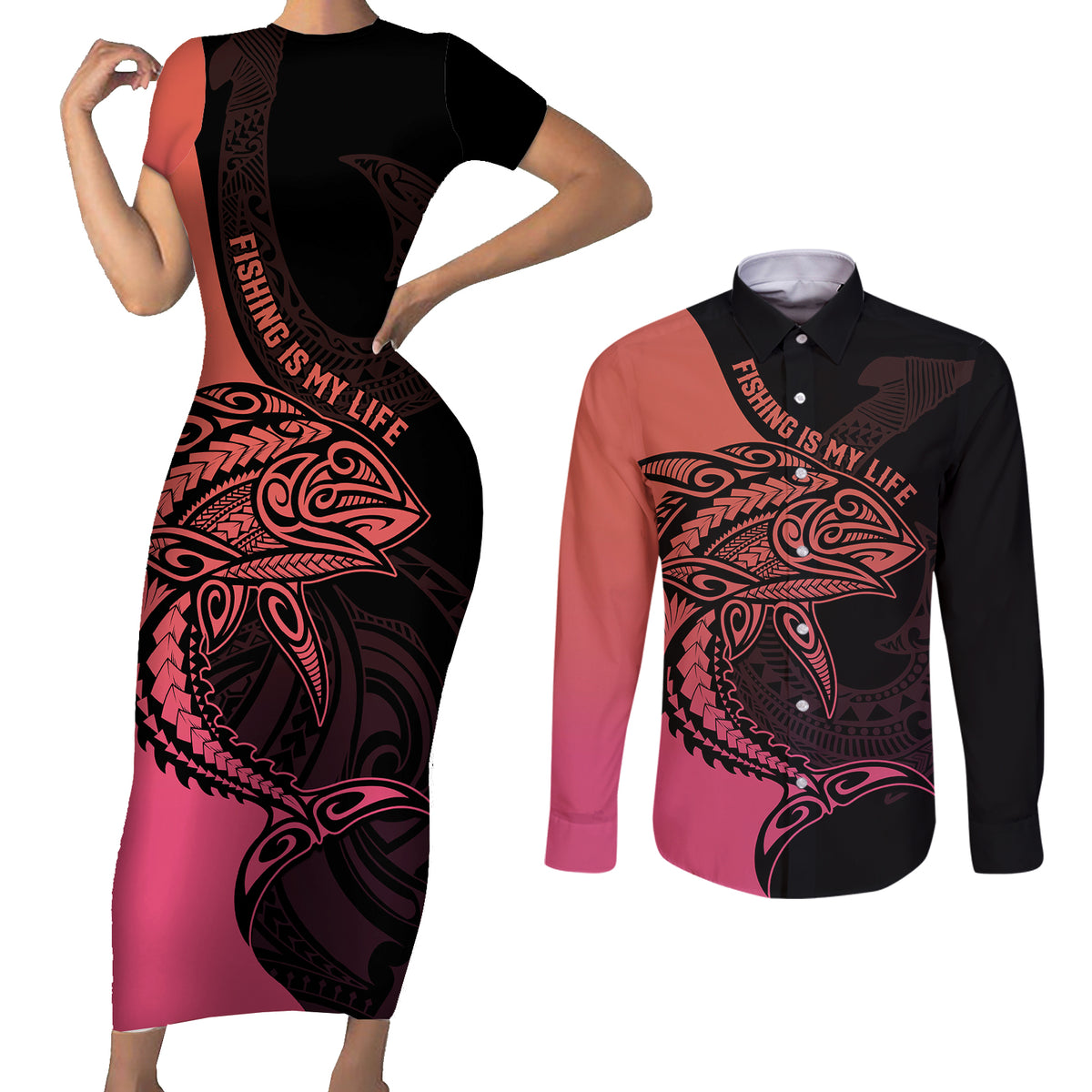 Personalised Polynesia Fishing Couples Matching Short Sleeve Bodycon Dress and Long Sleeve Button Shirts With Maori Hei Matau Fish Hook Pink Art LT9 - Wonder Print Shop