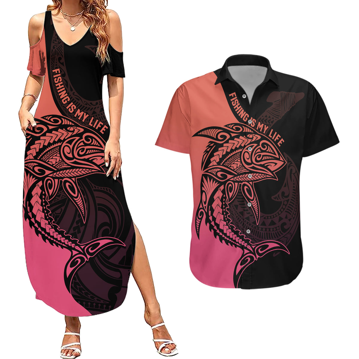 Personalised Polynesia Fishing Couples Matching Summer Maxi Dress and Hawaiian Shirt With Maori Hei Matau Fish Hook Pink Art LT9 - Wonder Print Shop