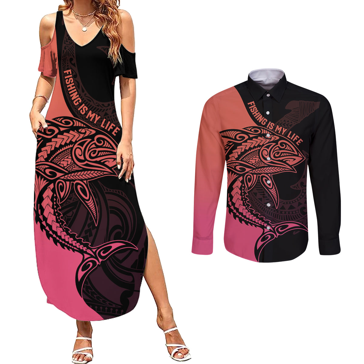 Personalised Polynesia Fishing Couples Matching Summer Maxi Dress and Long Sleeve Button Shirts With Maori Hei Matau Fish Hook Pink Art LT9 - Wonder Print Shop