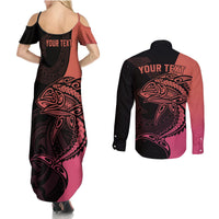 Personalised Polynesia Fishing Couples Matching Summer Maxi Dress and Long Sleeve Button Shirts With Maori Hei Matau Fish Hook Pink Art LT9 - Wonder Print Shop