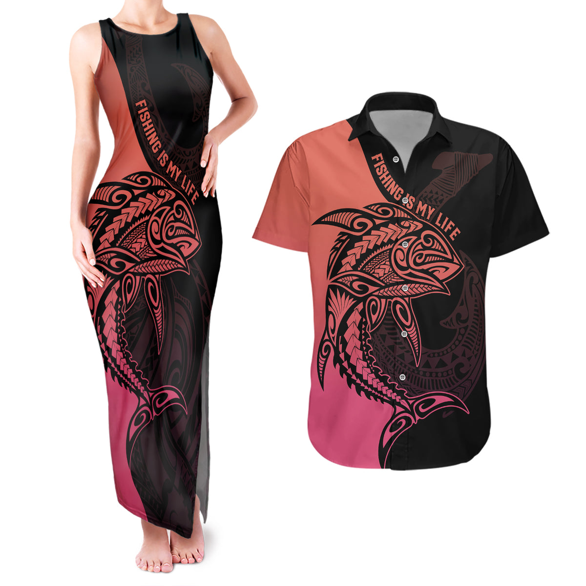 Personalised Polynesia Fishing Couples Matching Tank Maxi Dress and Hawaiian Shirt With Maori Hei Matau Fish Hook Pink Art LT9 - Wonder Print Shop