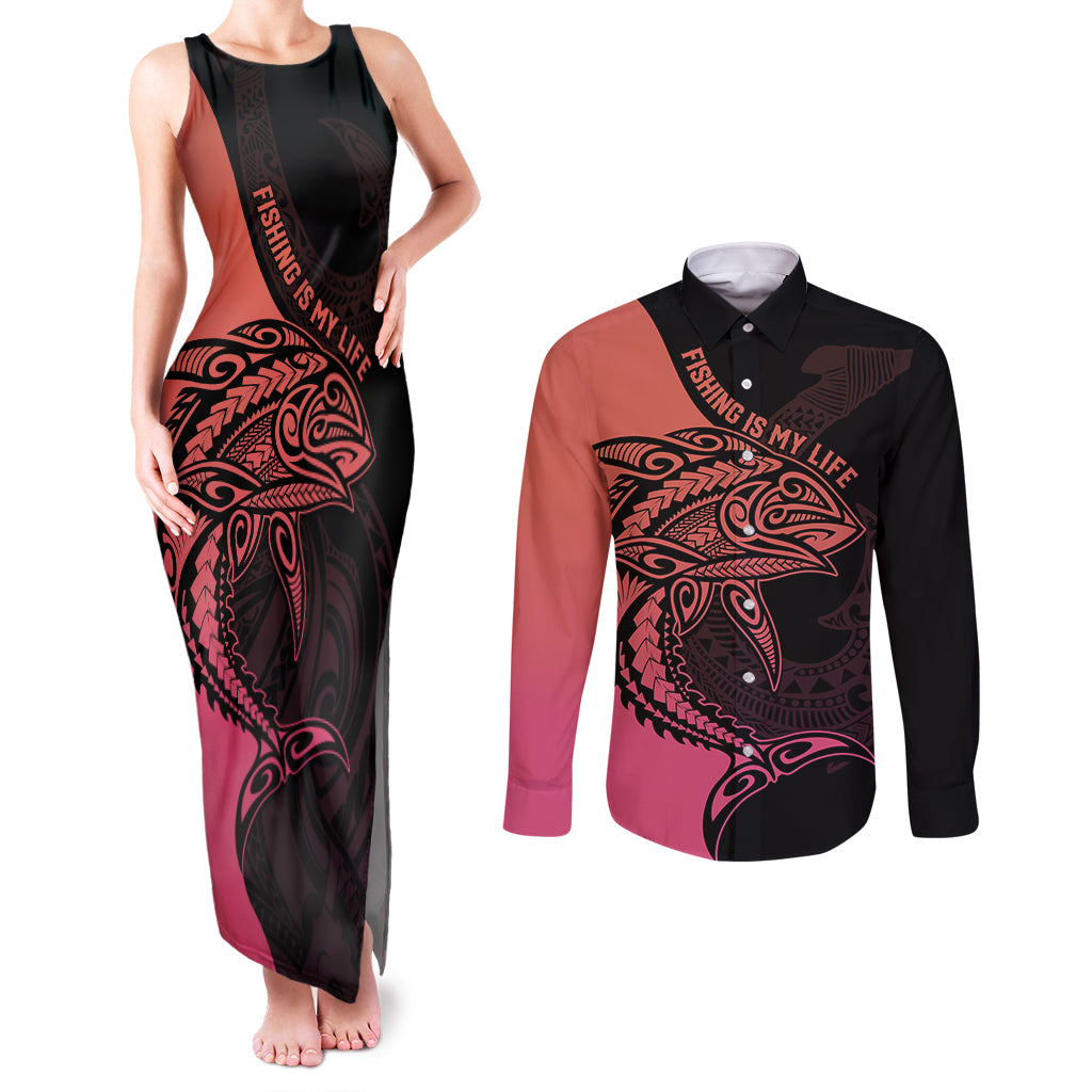 Personalised Polynesia Fishing Couples Matching Tank Maxi Dress and Long Sleeve Button Shirts With Maori Hei Matau Fish Hook Pink Art LT9 - Wonder Print Shop