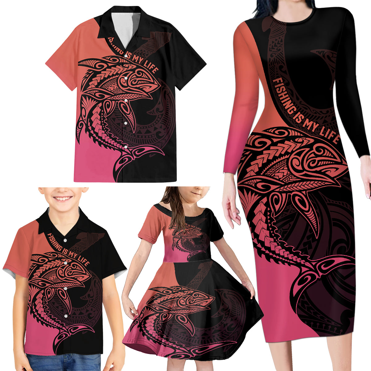 Personalised Polynesia Fishing Family Matching Long Sleeve Bodycon Dress and Hawaiian Shirt With Maori Hei Matau Fish Hook Pink Art LT9 - Wonder Print Shop
