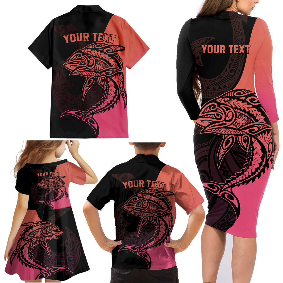 Personalised Polynesia Fishing Family Matching Long Sleeve Bodycon Dress and Hawaiian Shirt With Maori Hei Matau Fish Hook Pink Art LT9 - Wonder Print Shop