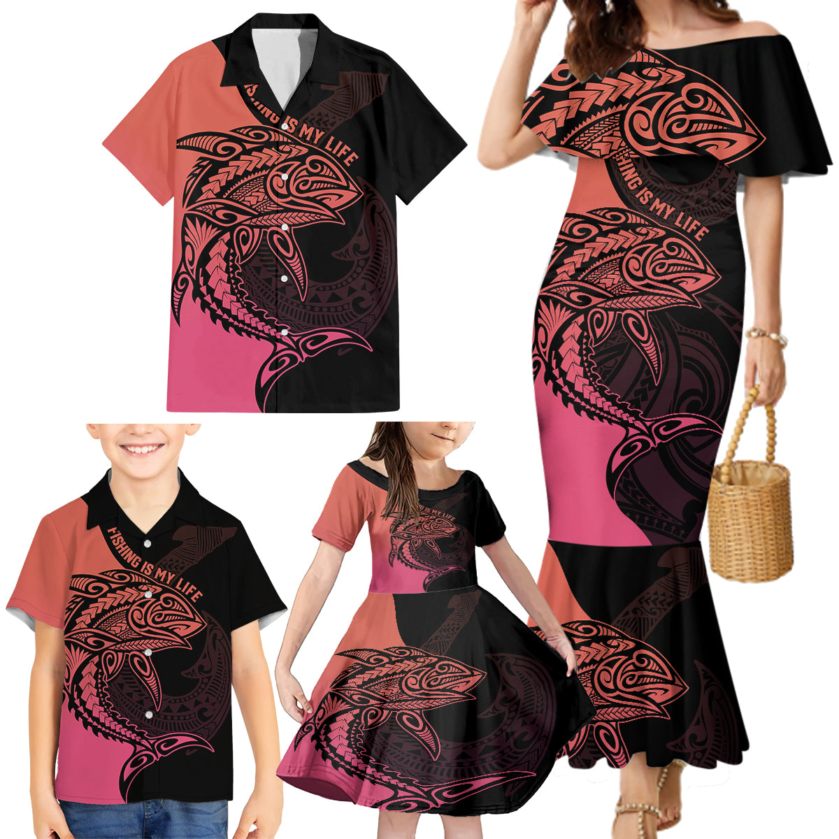 Personalised Polynesia Fishing Family Matching Mermaid Dress and Hawaiian Shirt With Maori Hei Matau Fish Hook Pink Art LT9 - Wonder Print Shop