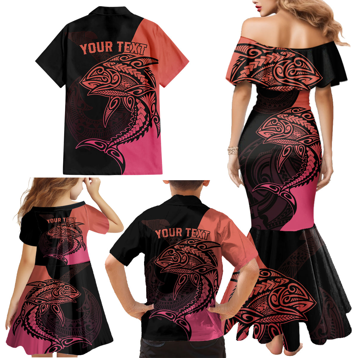 Personalised Polynesia Fishing Family Matching Mermaid Dress and Hawaiian Shirt With Maori Hei Matau Fish Hook Pink Art LT9 - Wonder Print Shop