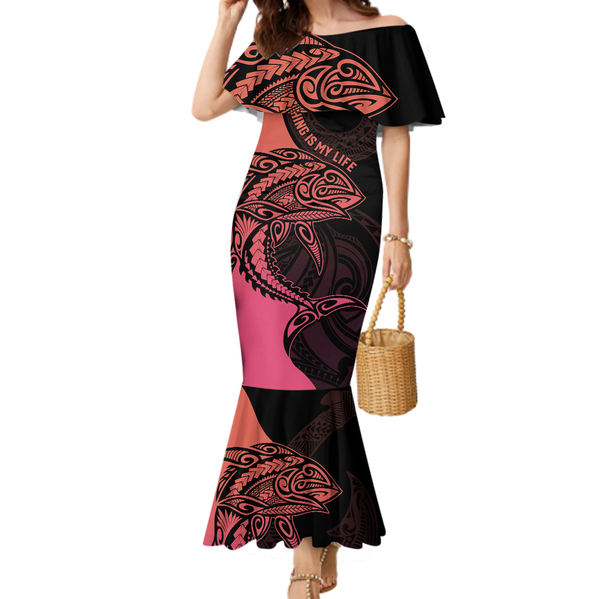 Personalised Polynesia Fishing Family Matching Mermaid Dress and Hawaiian Shirt With Maori Hei Matau Fish Hook Pink Art LT9 - Wonder Print Shop