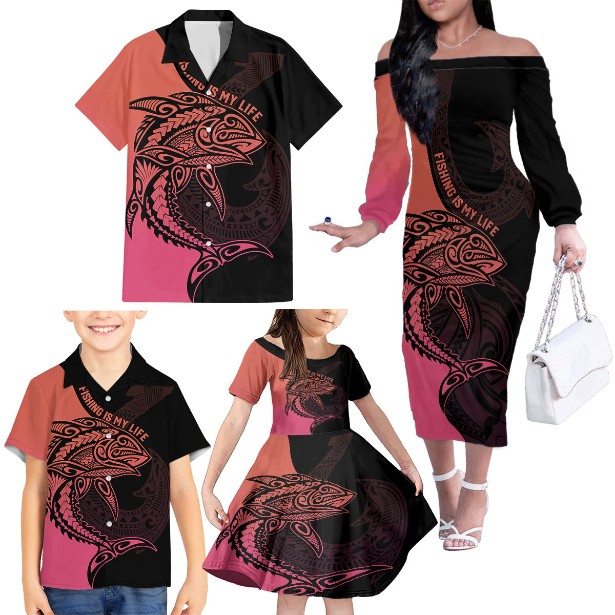 Personalised Polynesia Fishing Family Matching Off Shoulder Long Sleeve Dress and Hawaiian Shirt With Maori Hei Matau Fish Hook Pink Art - Wonder Print Shop