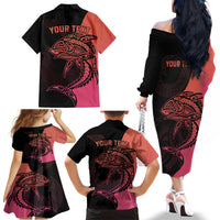 Personalised Polynesia Fishing Family Matching Off Shoulder Long Sleeve Dress and Hawaiian Shirt With Maori Hei Matau Fish Hook Pink Art - Wonder Print Shop