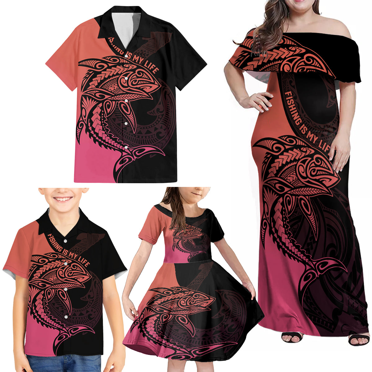 Personalised Polynesia Fishing Family Matching Off Shoulder Maxi Dress and Hawaiian Shirt With Maori Hei Matau Fish Hook Pink Art LT9 - Wonder Print Shop