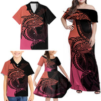 Personalised Polynesia Fishing Family Matching Off Shoulder Maxi Dress and Hawaiian Shirt With Maori Hei Matau Fish Hook Pink Art LT9 - Wonder Print Shop