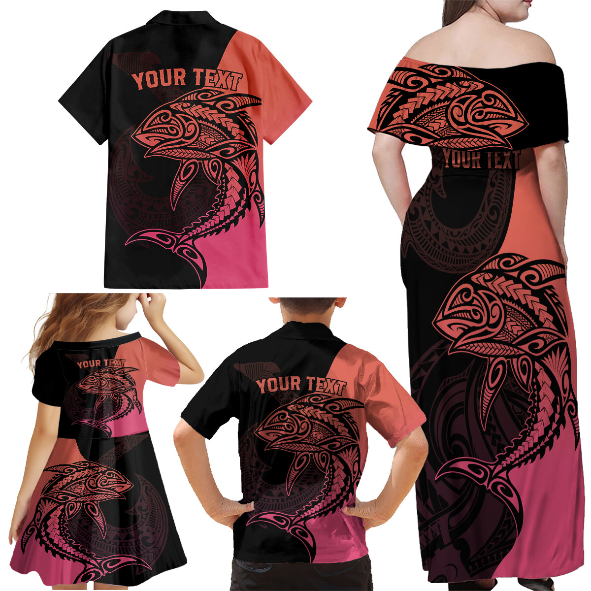 Personalised Polynesia Fishing Family Matching Off Shoulder Maxi Dress and Hawaiian Shirt With Maori Hei Matau Fish Hook Pink Art LT9 - Wonder Print Shop