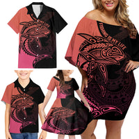 Personalised Polynesia Fishing Family Matching Off Shoulder Short Dress and Hawaiian Shirt With Maori Hei Matau Fish Hook Pink Art LT9 - Wonder Print Shop
