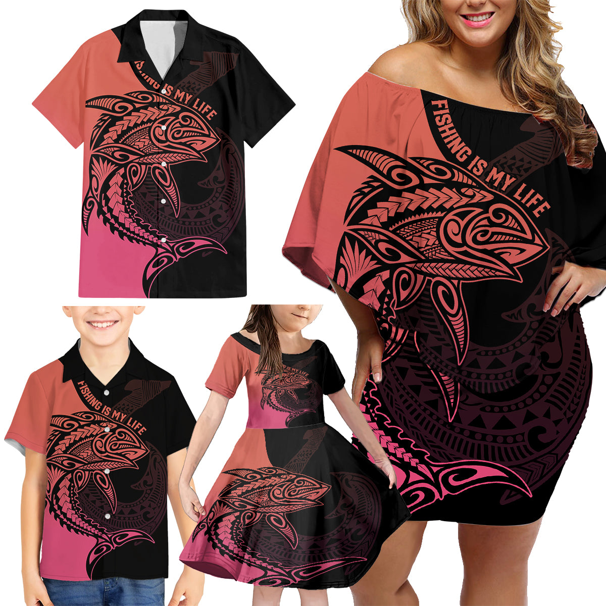 Personalised Polynesia Fishing Family Matching Off Shoulder Short Dress and Hawaiian Shirt With Maori Hei Matau Fish Hook Pink Art LT9 - Wonder Print Shop
