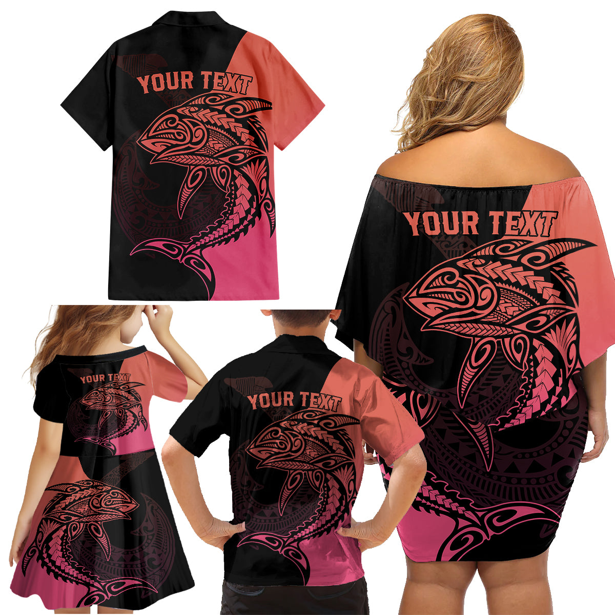 Personalised Polynesia Fishing Family Matching Off Shoulder Short Dress and Hawaiian Shirt With Maori Hei Matau Fish Hook Pink Art LT9 - Wonder Print Shop