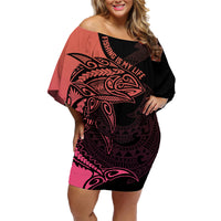 Personalised Polynesia Fishing Family Matching Off Shoulder Short Dress and Hawaiian Shirt With Maori Hei Matau Fish Hook Pink Art LT9 - Wonder Print Shop