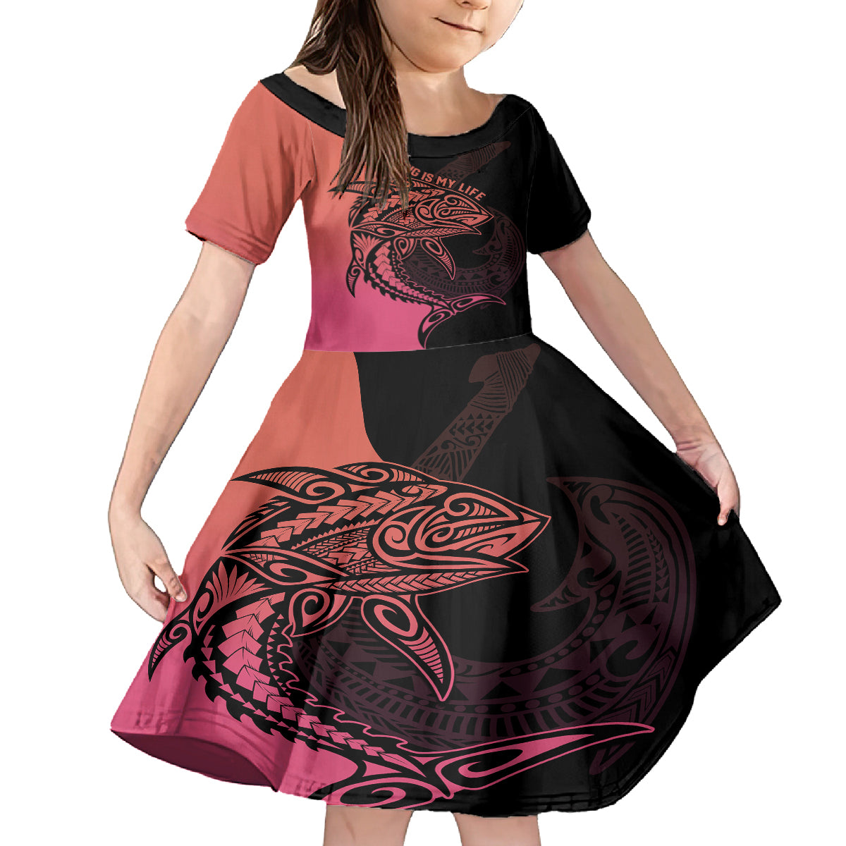 Personalised Polynesia Fishing Family Matching Puletasi Dress and Hawaiian Shirt With Maori Hei Matau Fish Hook Pink Art - Wonder Print Shop