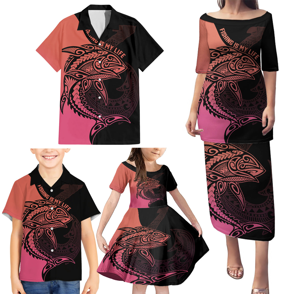 Personalised Polynesia Fishing Family Matching Puletasi Dress and Hawaiian Shirt With Maori Hei Matau Fish Hook Pink Art - Wonder Print Shop