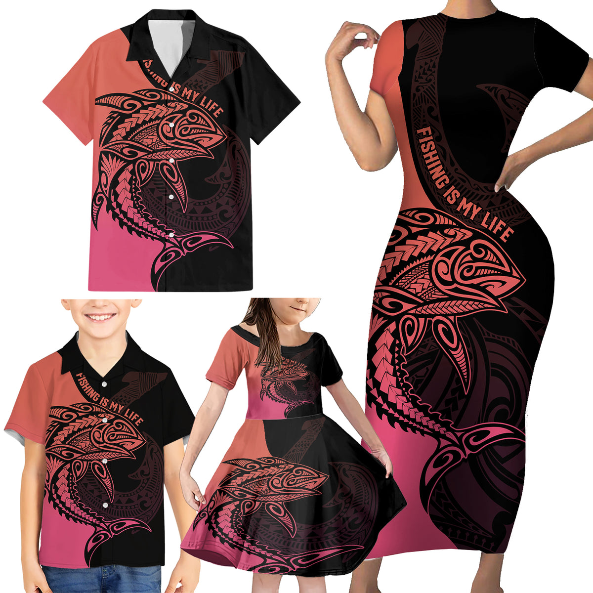 Personalised Polynesia Fishing Family Matching Short Sleeve Bodycon Dress and Hawaiian Shirt With Maori Hei Matau Fish Hook Pink Art - Wonder Print Shop