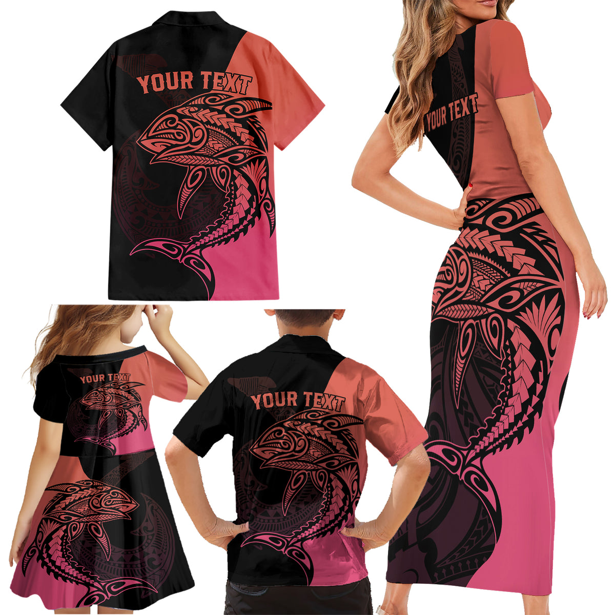 Personalised Polynesia Fishing Family Matching Short Sleeve Bodycon Dress and Hawaiian Shirt With Maori Hei Matau Fish Hook Pink Art - Wonder Print Shop