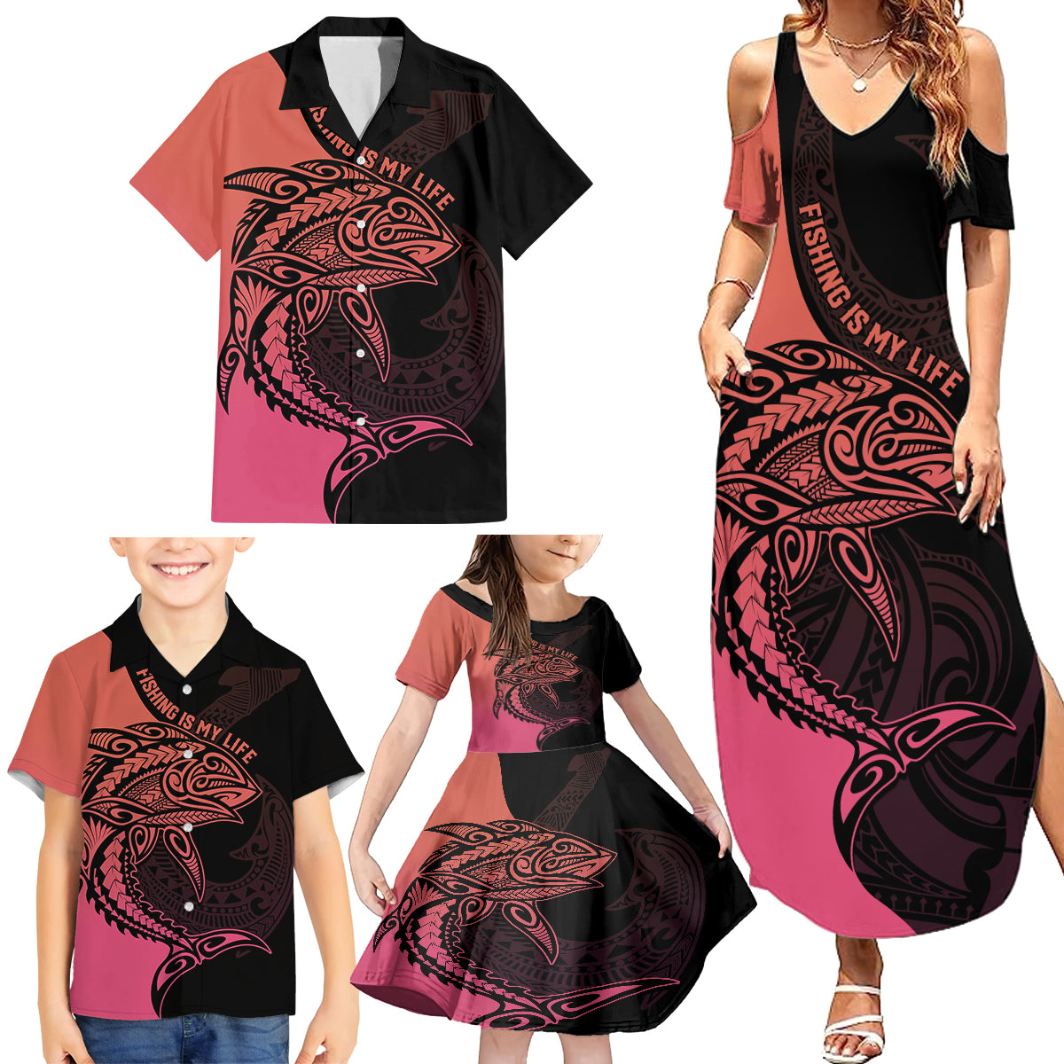 Personalised Polynesia Fishing Family Matching Summer Maxi Dress and Hawaiian Shirt With Maori Hei Matau Fish Hook Pink Art - Wonder Print Shop