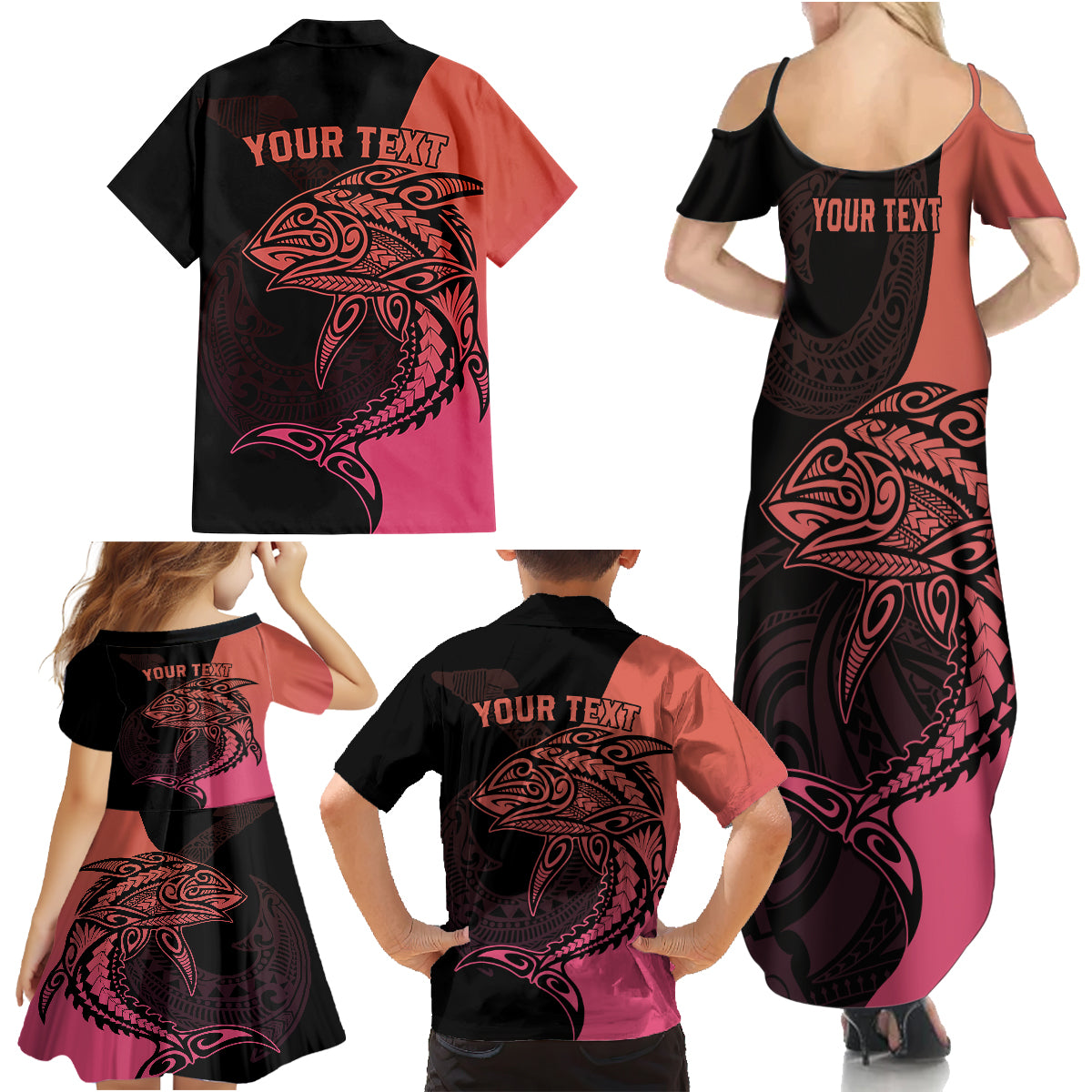Personalised Polynesia Fishing Family Matching Summer Maxi Dress and Hawaiian Shirt With Maori Hei Matau Fish Hook Pink Art - Wonder Print Shop