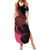 Personalised Polynesia Fishing Family Matching Summer Maxi Dress and Hawaiian Shirt With Maori Hei Matau Fish Hook Pink Art - Wonder Print Shop