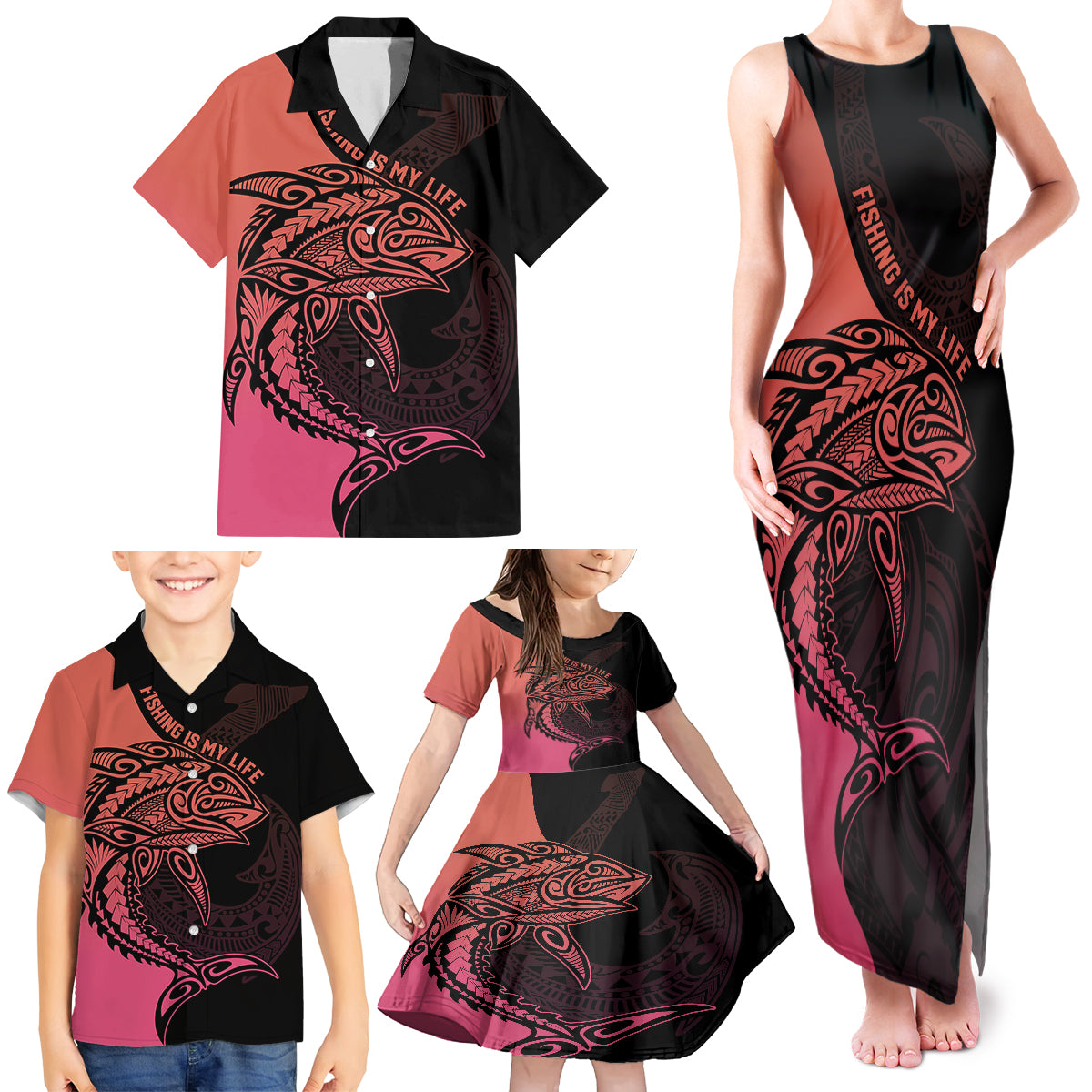 Personalised Polynesia Fishing Family Matching Tank Maxi Dress and Hawaiian Shirt With Maori Hei Matau Fish Hook Pink Art - Wonder Print Shop