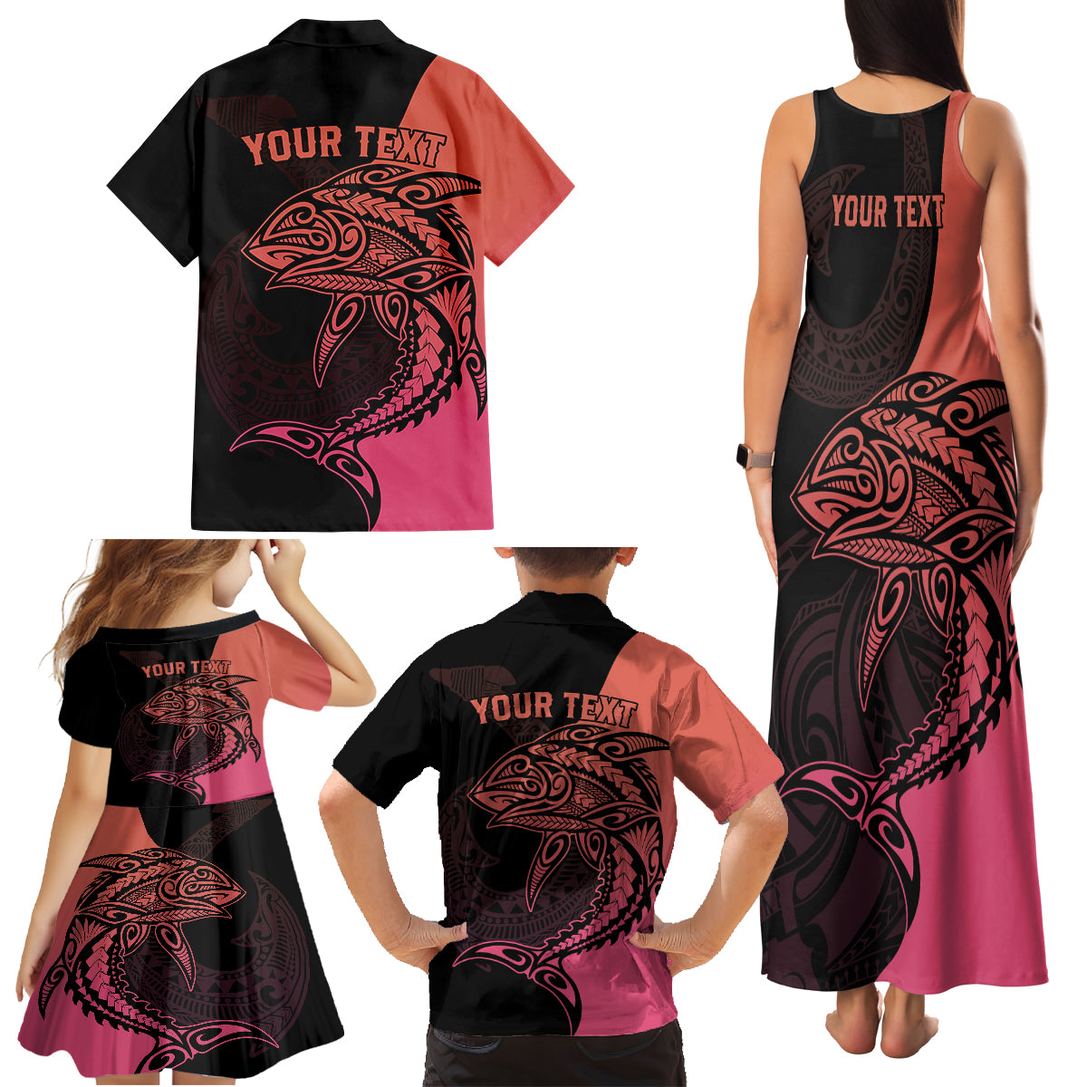Personalised Polynesia Fishing Family Matching Tank Maxi Dress and Hawaiian Shirt With Maori Hei Matau Fish Hook Pink Art - Wonder Print Shop