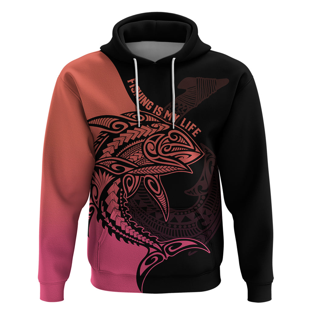 Personalised Polynesia Fishing Hoodie With Maori Hei Matau Fish Hook Pink Art - Wonder Print Shop