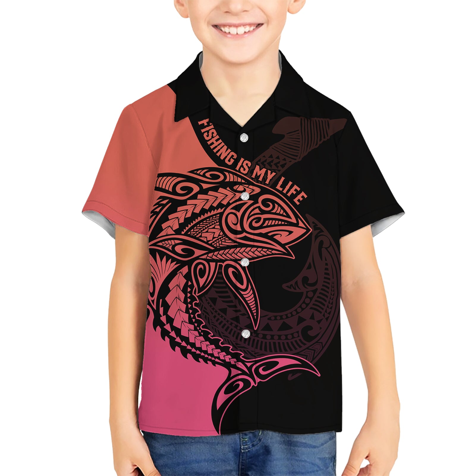 Personalised Polynesia Fishing Kid Hawaiian Shirt With Maori Hei Matau Fish Hook Pink Art - Wonder Print Shop
